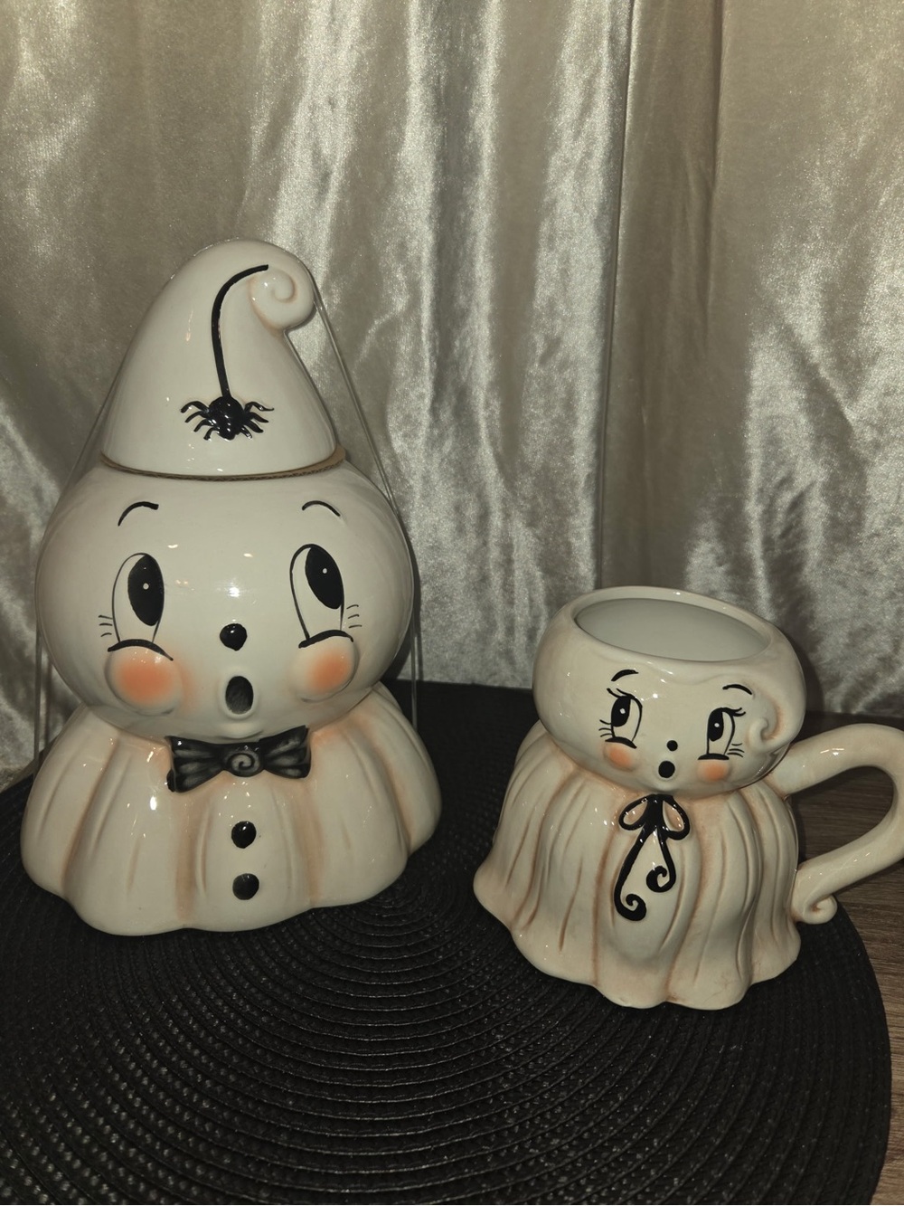 White Ceramic Ghost Cookie Jar and Mug Set with Peach Blush